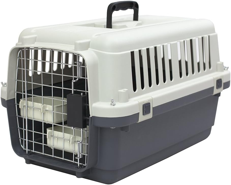 SportPet Designs Plastic Kennels Rolling Plastic Wire Door Travel Dog Crate – Small – No Wheel, Tan