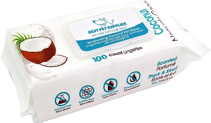 Best Pet Supplies 8″ x 9″ Pet Grooming Wipes for Dogs & Cats, 100 Pack, Plant-Based Deodorizer for Coats & Dry, Itchy, or Sensitive Skin, Clean Ears, Paws, & Butt – Moisturizing Coconut