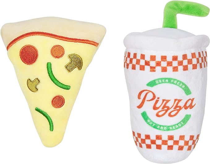 Pearhead Puperoni Dog Toys, Set of 2, Plush Chew Toys, for Pets, Pizza and Drink Dog Toy Set, Must Have Pet Accessories for Dog Owners, Squeaker Toys, All Breeds
